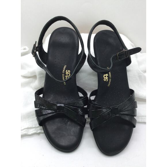 SAS Strippy Black Leather Quarter Strap Wedge Sandal Womens 6N - Picture 3 of 10